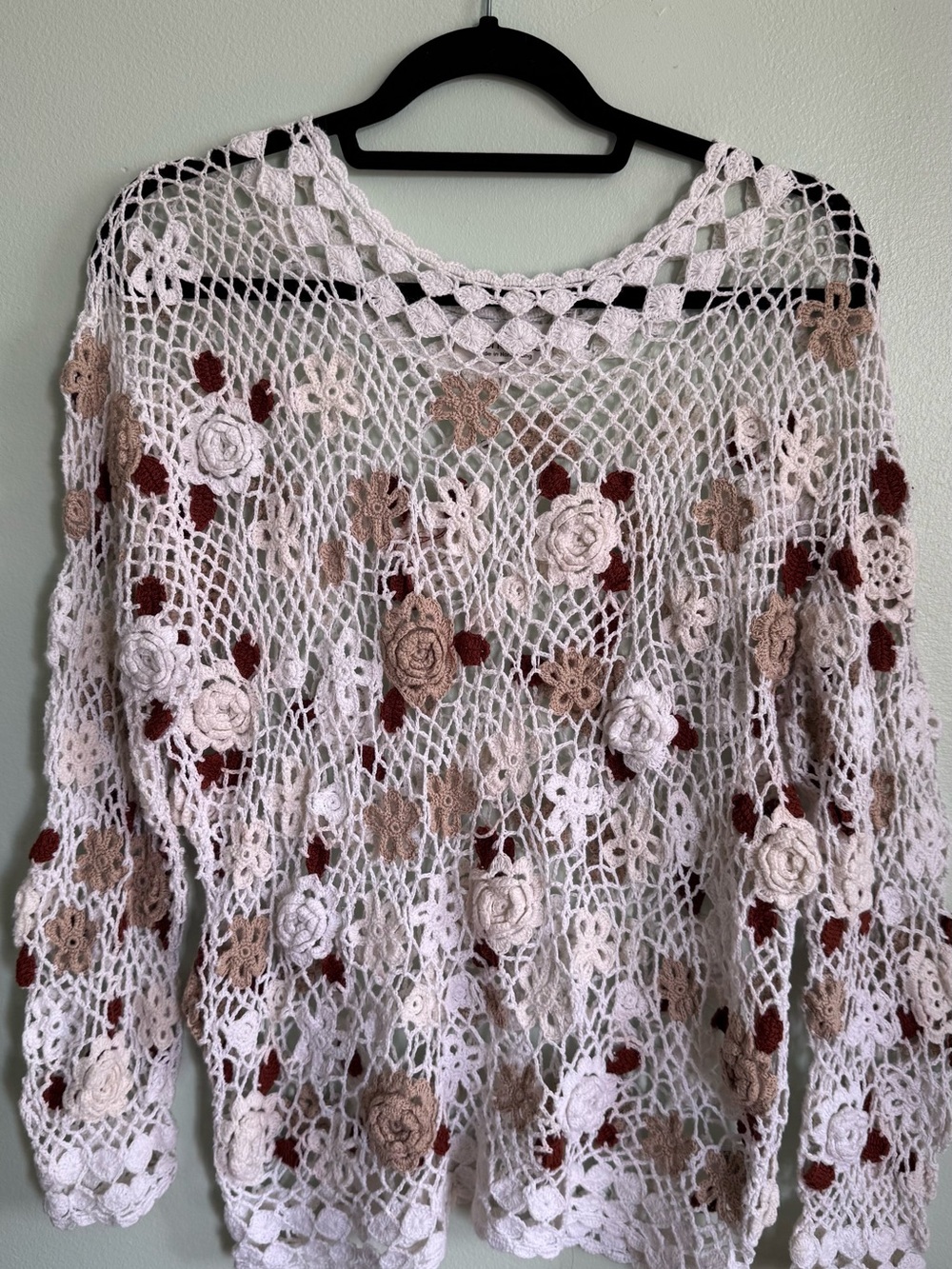 le chateau Cream Open-Knit Floral Appliqué Sweater with Tan & Burgundy Accents